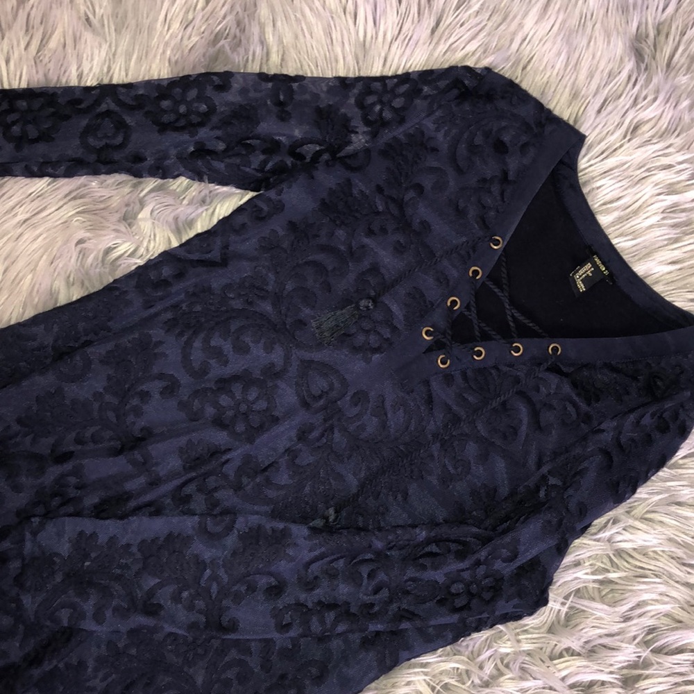 Navy floral print dress with mesh sleeves